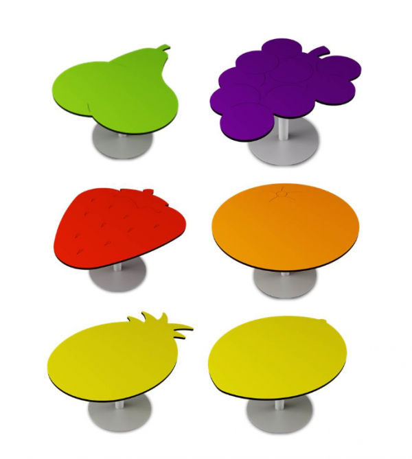 Meja berbentuk buah-buahan seperti anggur, apel, atau jeruk